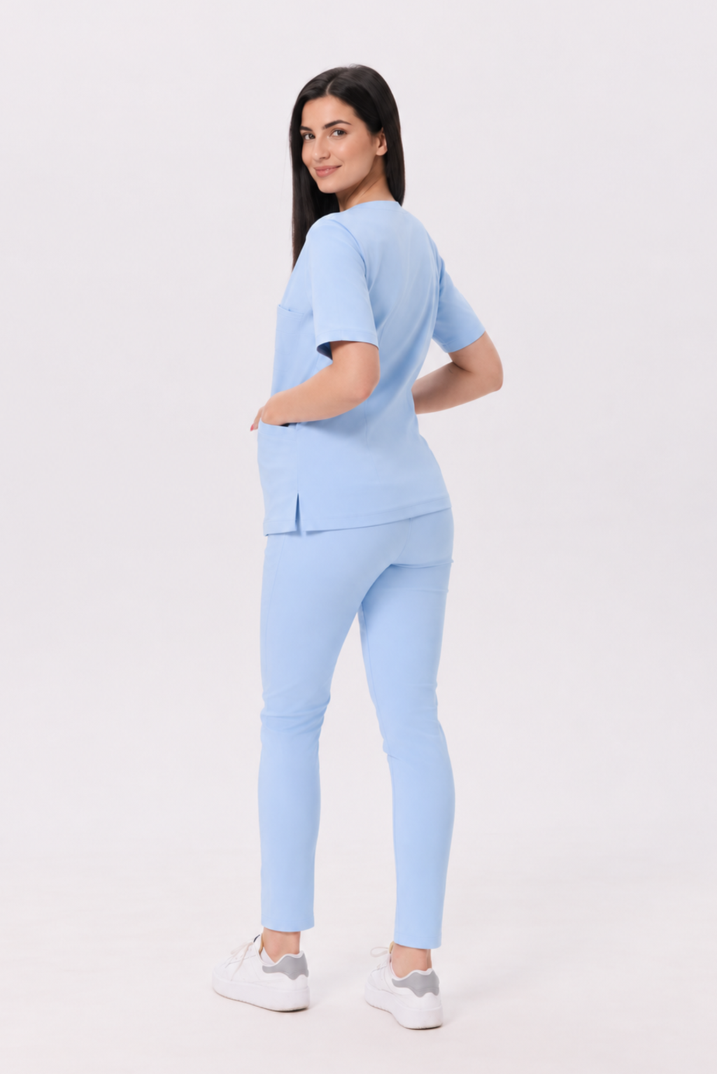 Dámské zdravotnické kalhoty skinny Ella, barva pastelově modrá, zezadu