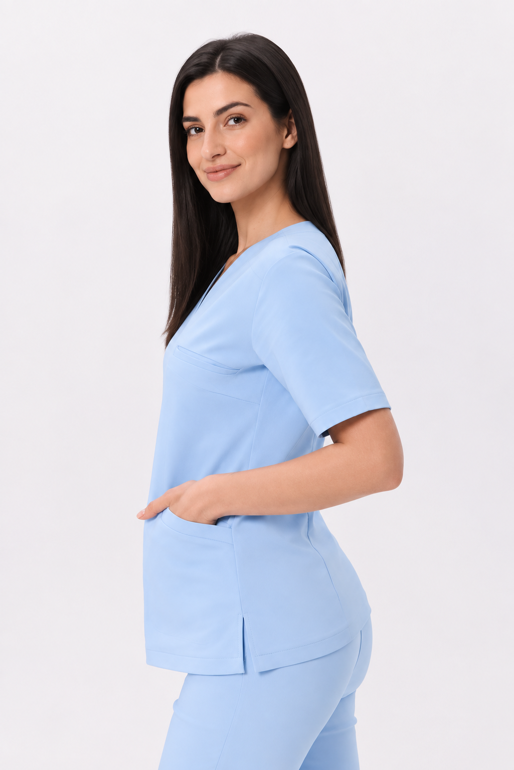 Dámské zdravotnické kalhoty skinny Ella, barva pastelově modrá, z poloprofilu