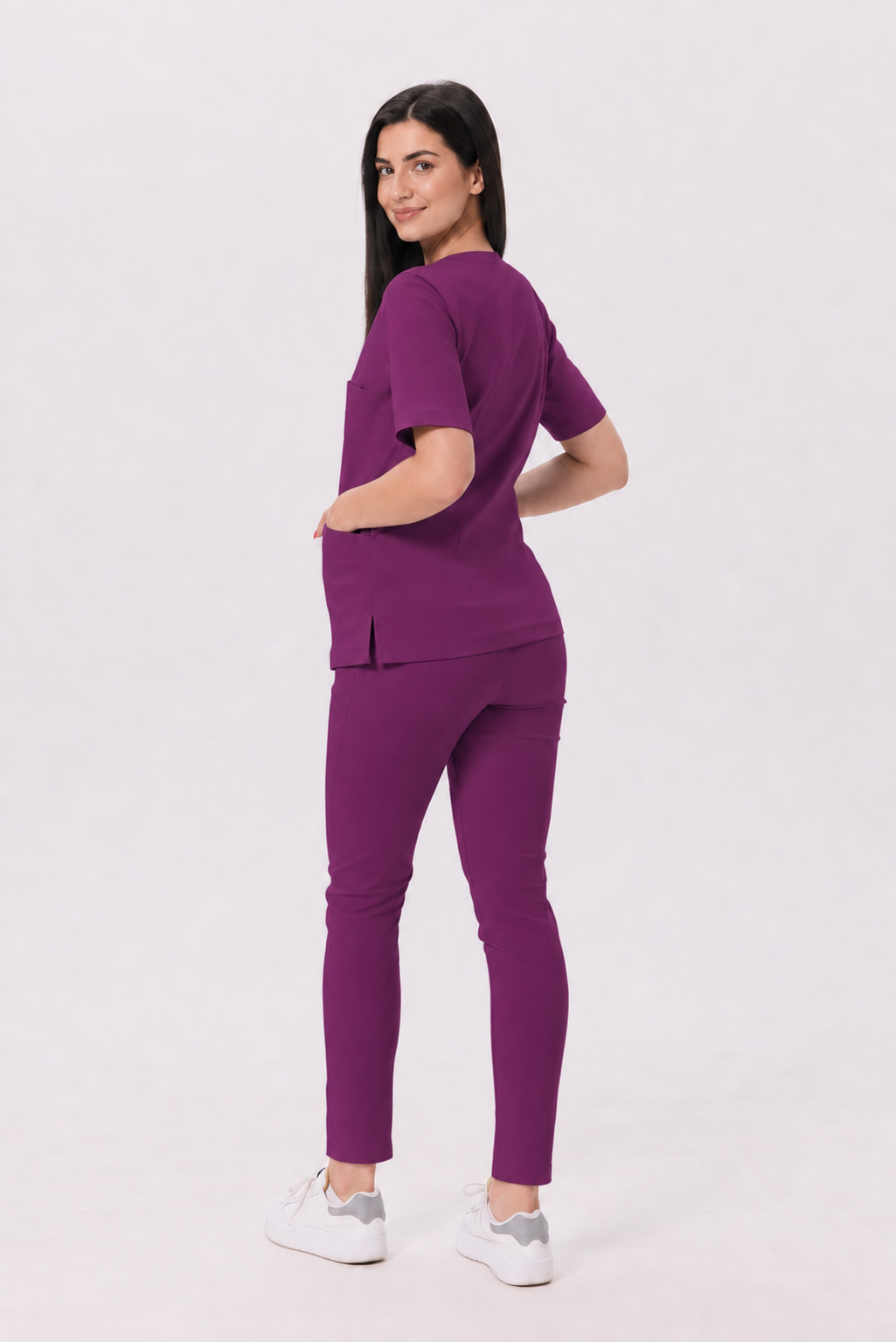 Dámské zdravotnické kalhoty skinny Ella, barva švestková, zezadu