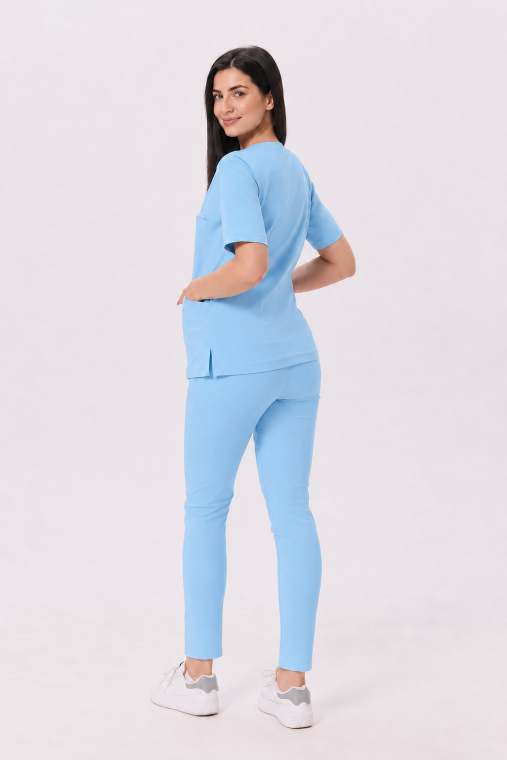 Dámské zdravotnické kalhoty skinny Ella, barva nebesky modrá, zezadu