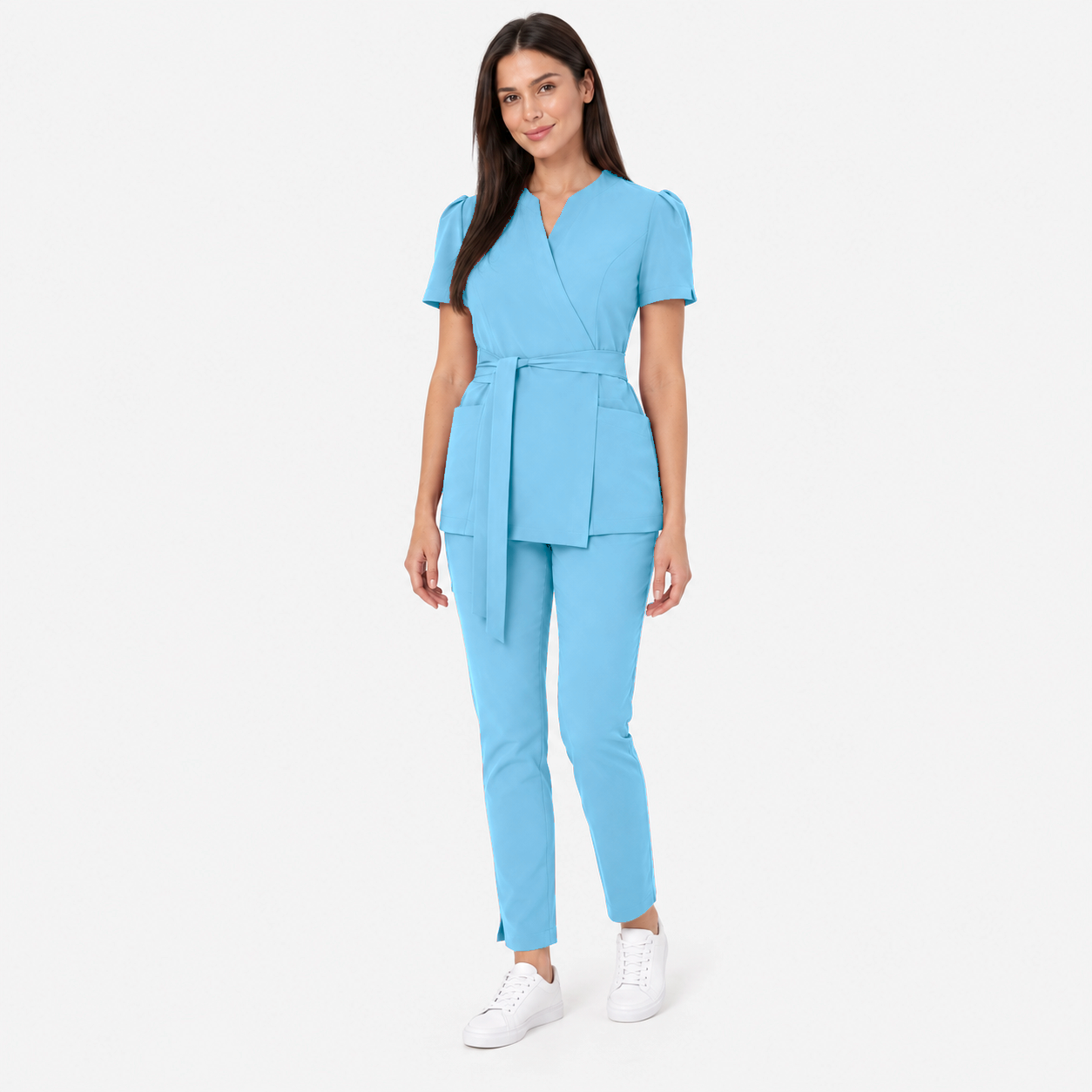 Dámská zavinovací tunika Cleo, barva nebesky modrá, zepředu